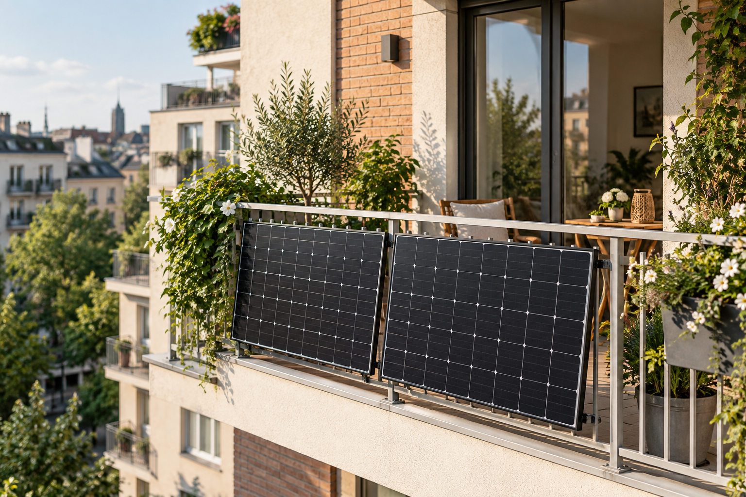 Zwei Solarmodule an einem Balkon mit Pflanzen, illustratives Foto